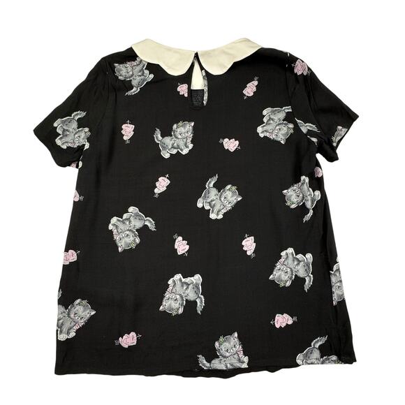 Iron Fist Vintage Inspired Cat Heart Print Peter Pan Collar Blouse Women's SZ M - Picture 2 of 6